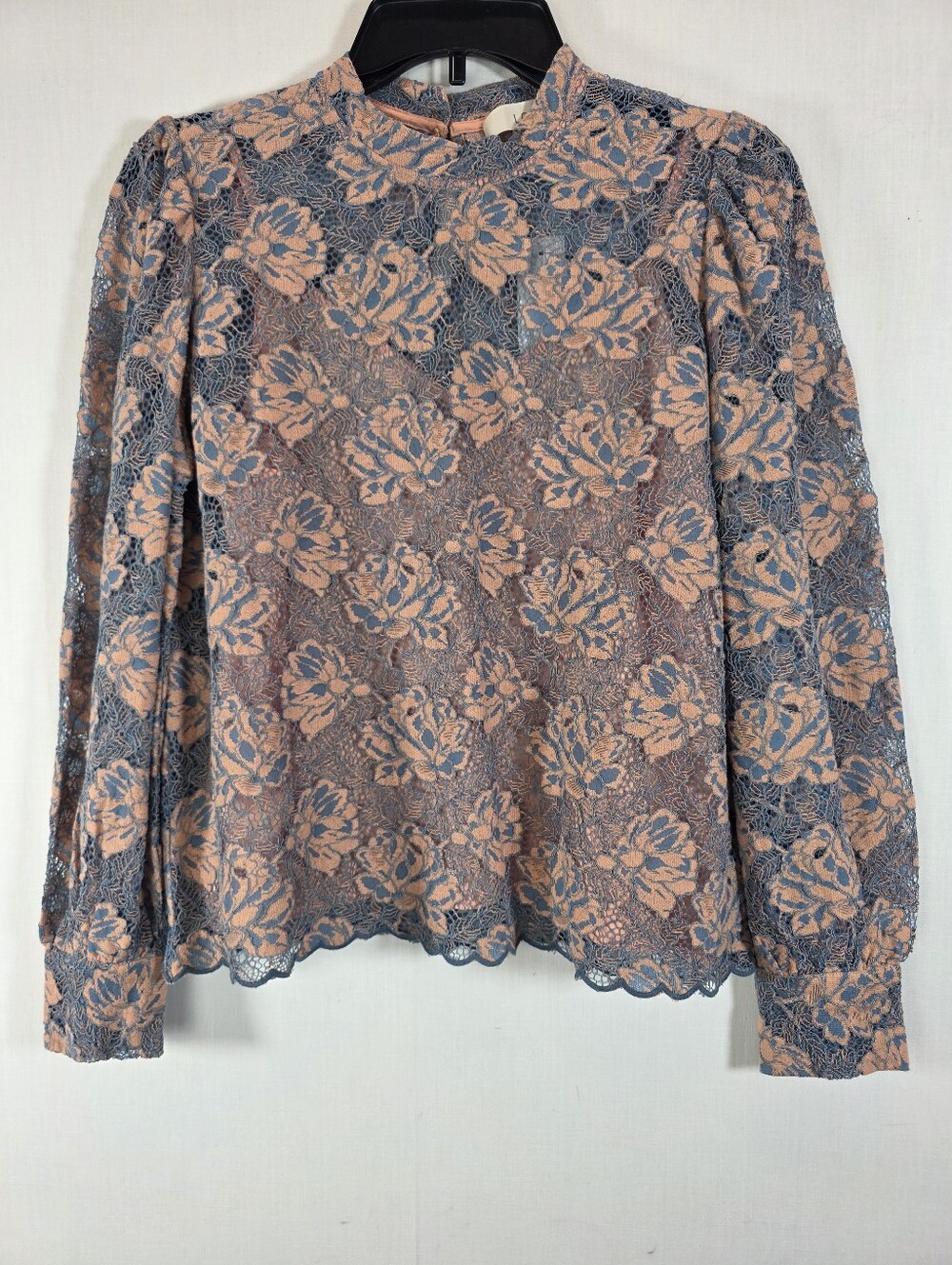 NWT LOFT Floral Lace Mock Neck Blouse Small Peach Blue Long Sleeve Lined
